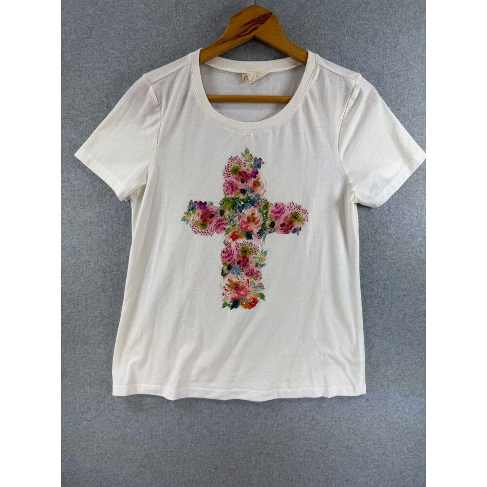 Cloth & Portrait Floral Cross Rhinestone White Graphic T-Shirt Size S 3368